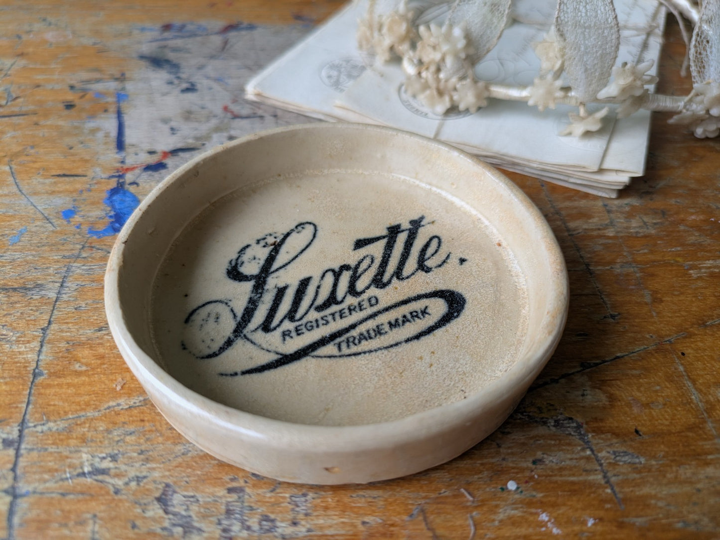 Old Vintage Antique Printed Pottery Ceramic Sign Tip Ashtray Luxette Soap Dish