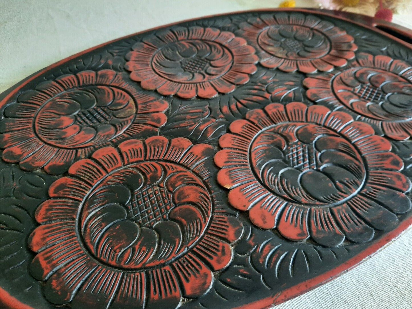Japanese Obon Tray Lacquer Vintage Kamakura Tradition carve Large Rare Floral