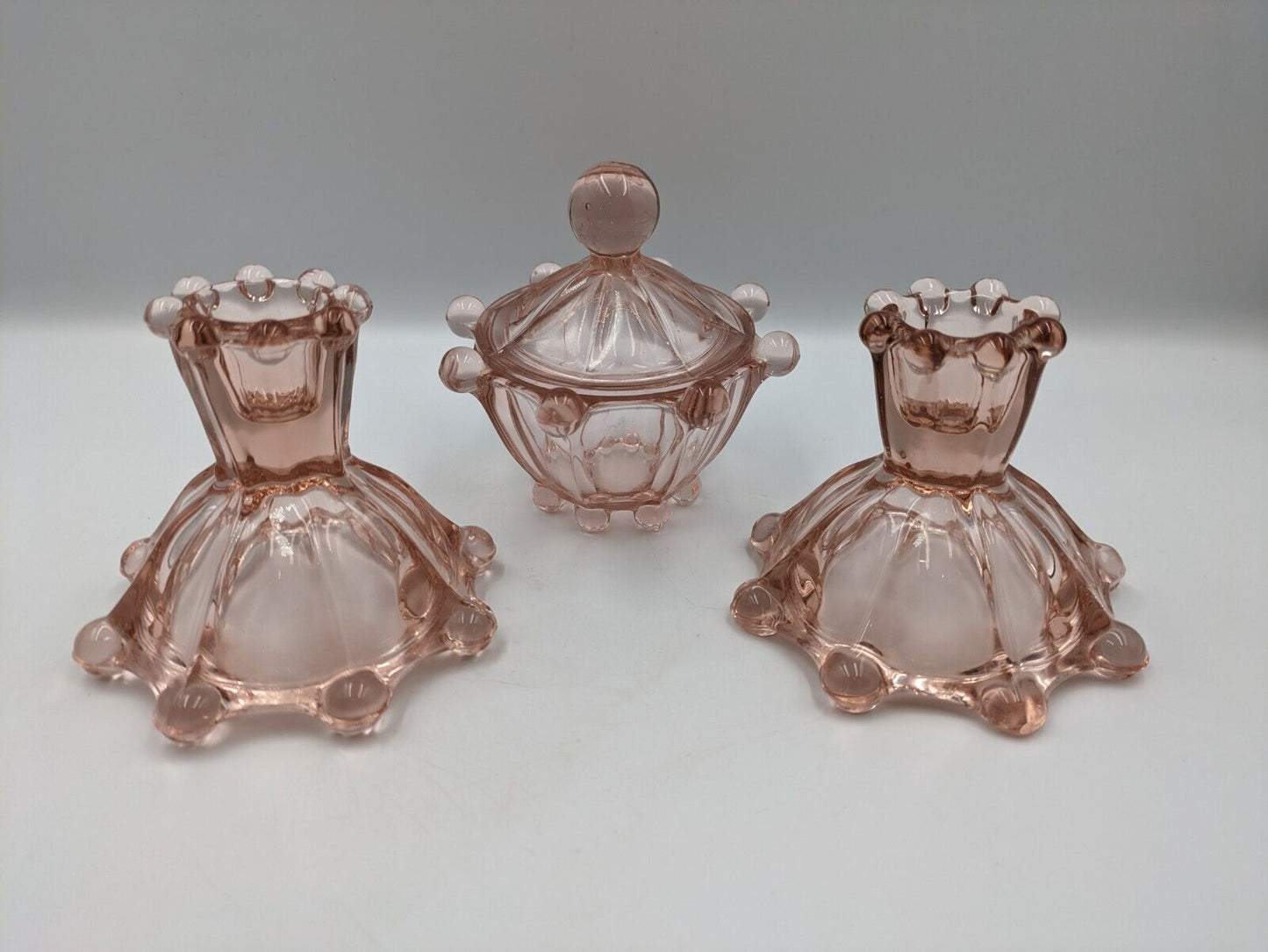 ART DECO VINTAGE GLASS DEPRESSION PINK GLASS CANDLESTICKS & LIDDED POT VANITY