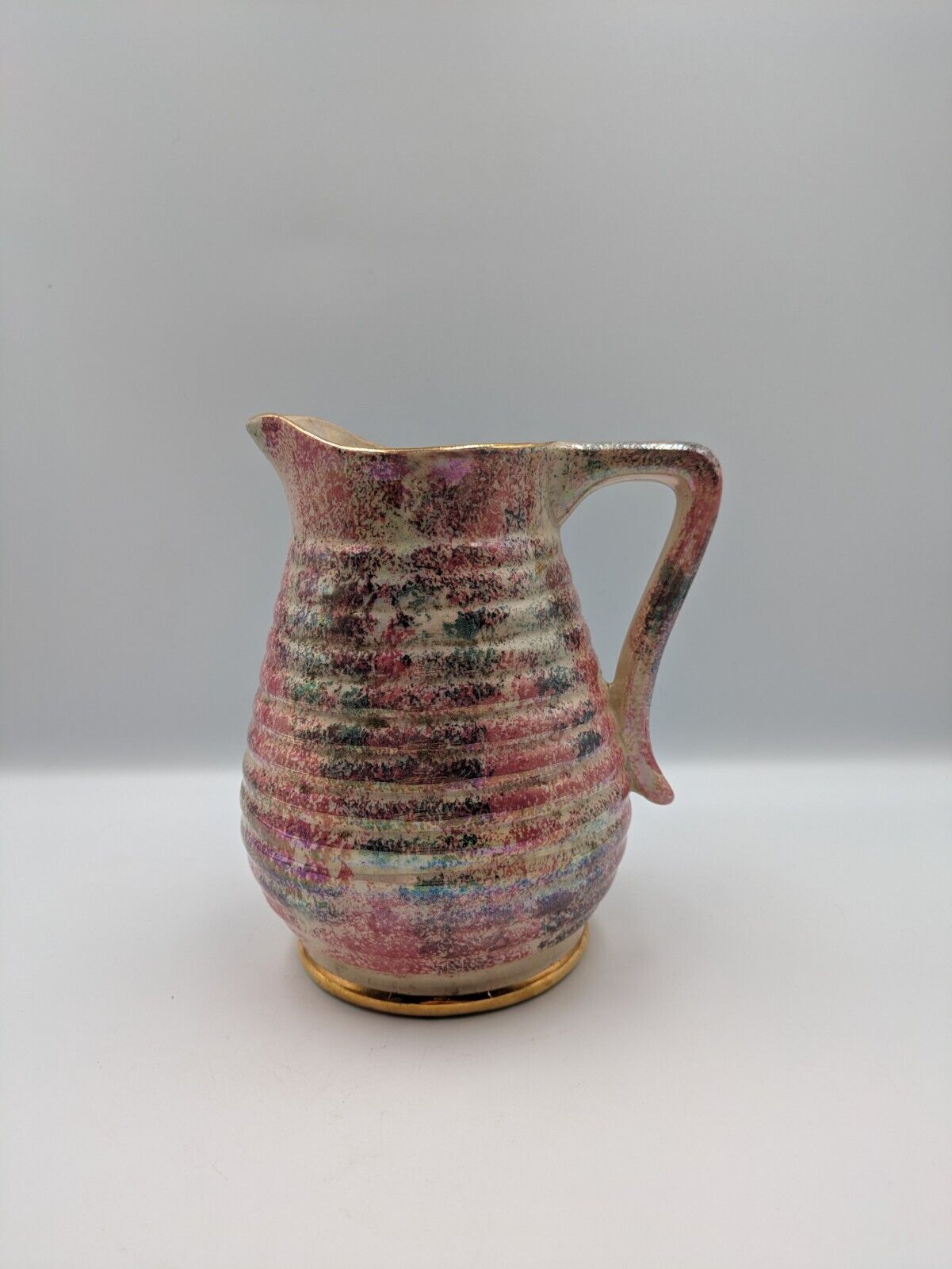 Large Vtg Mottled Pink and Pearl Lustre Ribbed Jug Govancroft Stoneware Glasgow