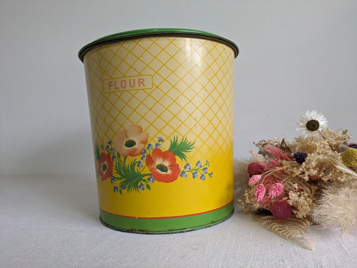 Vintage 1930s 40s Handiware Large Flour Storage Tin / Canister Rare Prop Kitchen