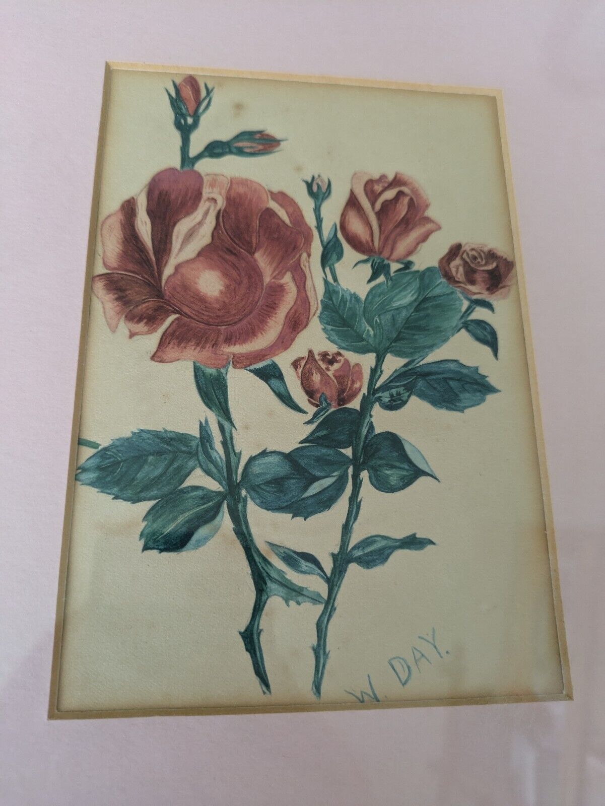 1921 Signed Antique Rose Painting By W H Day Frame Pink Mount W H Day Artist Vgc