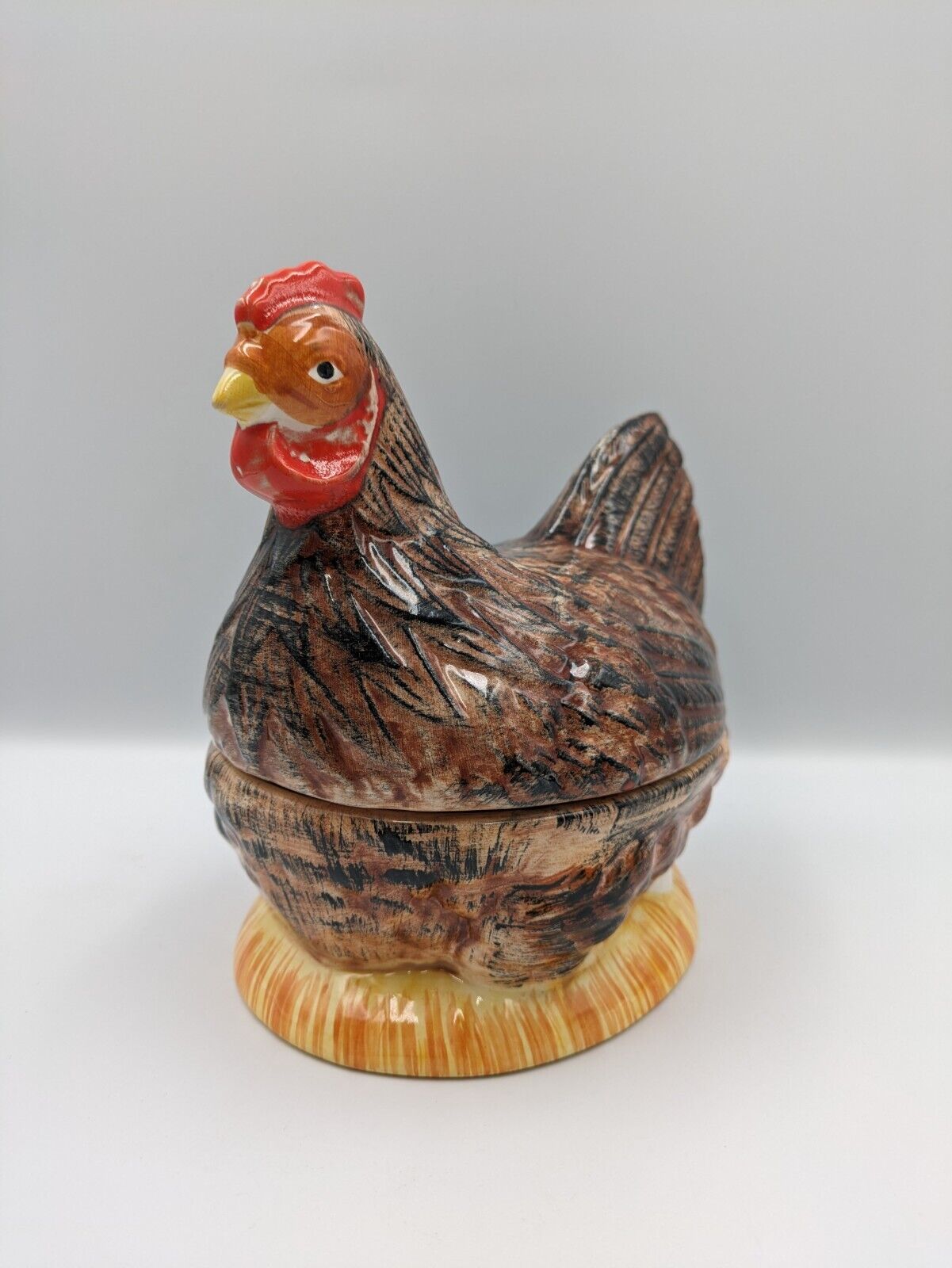 Vintage Michel Caugant French Faience Hen Figurine Pâté Terrine Dish Majolica
