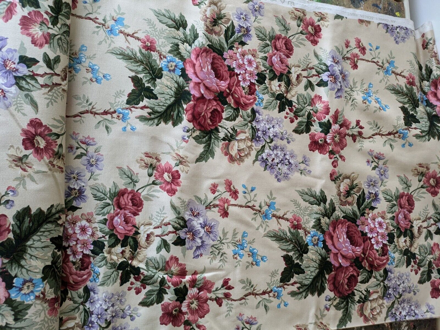 9m X 120cm Vintage Cabbage Rose Woburn an Osprey Screen Print Fabric Material