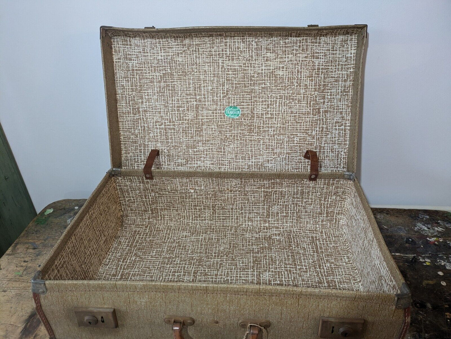 1950s Vintage Retro Travair Lightweight Suitcase luggage Case Prop Two Tone Film