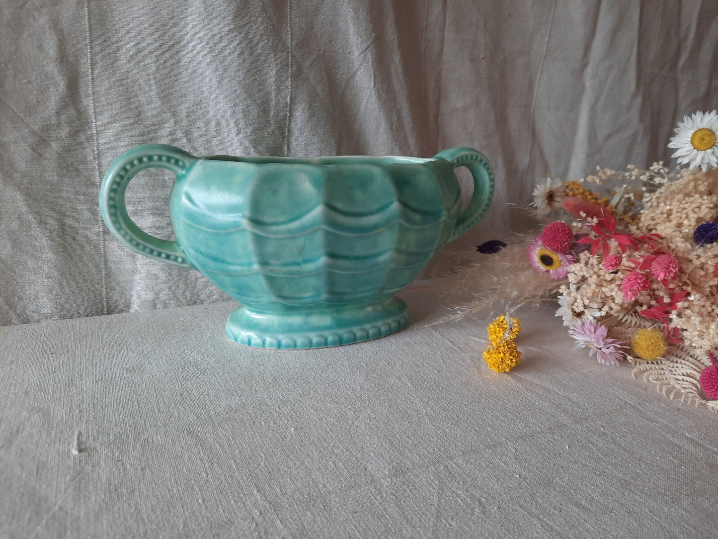 Vintage Retro Stoneware England 1930s Green Ornament Mantle Vase Art Deco Rare