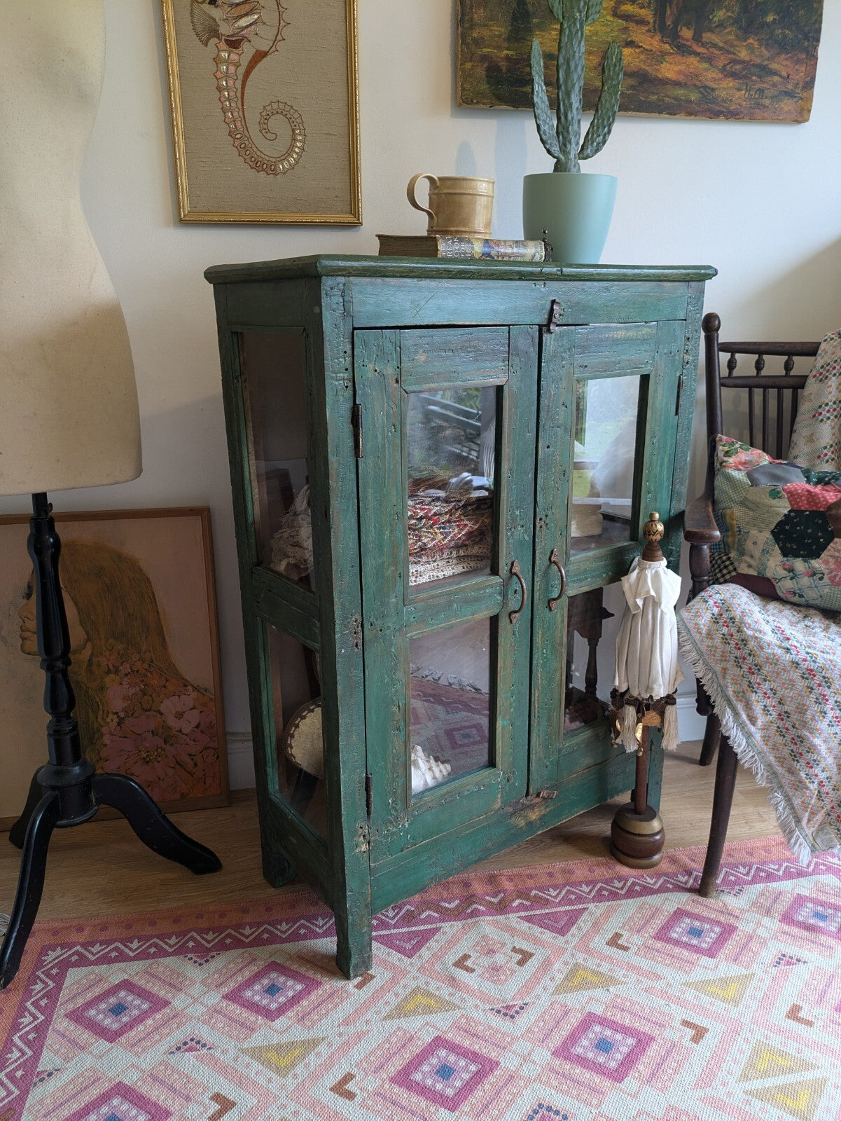Restored Antique Vintage Indian Cabinet Cupboard Painted Glazed Reclaimed Green