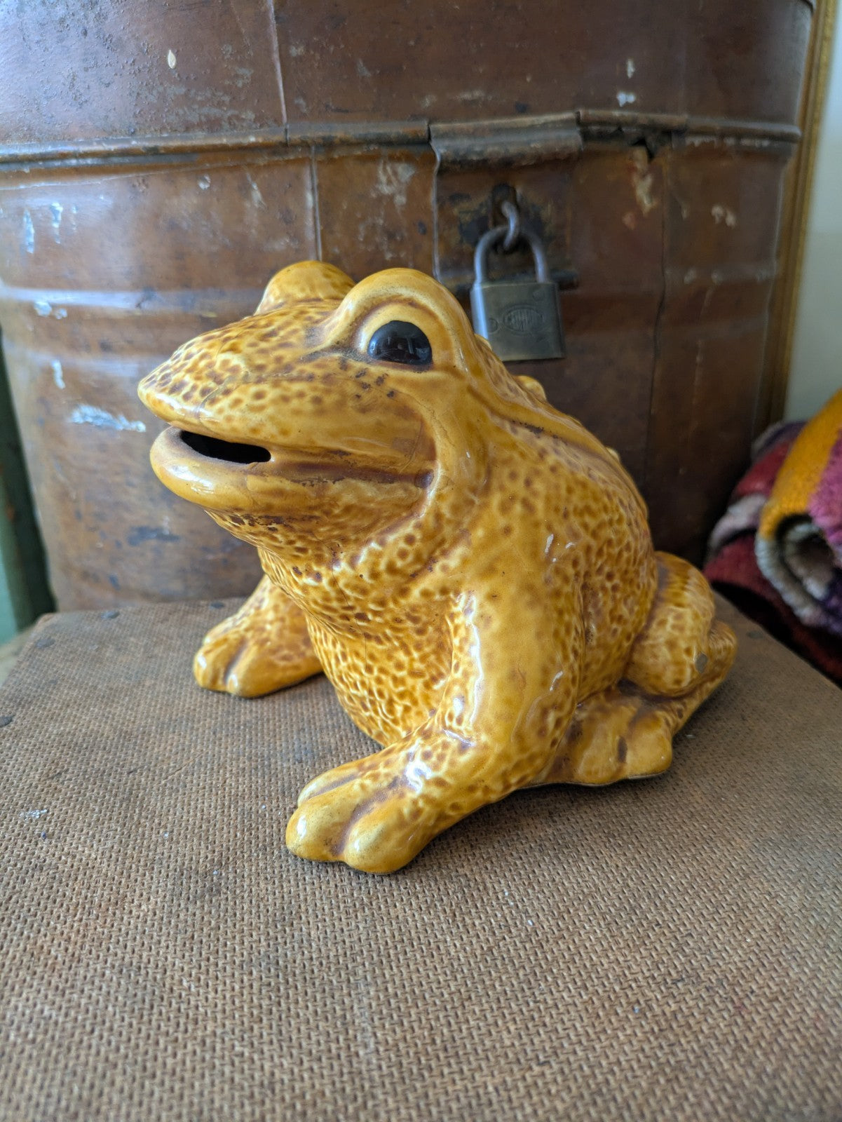 Vintage Trentham Frog Art Pottery Toad Money Bank Piggybank Yellow Ceramic Rare