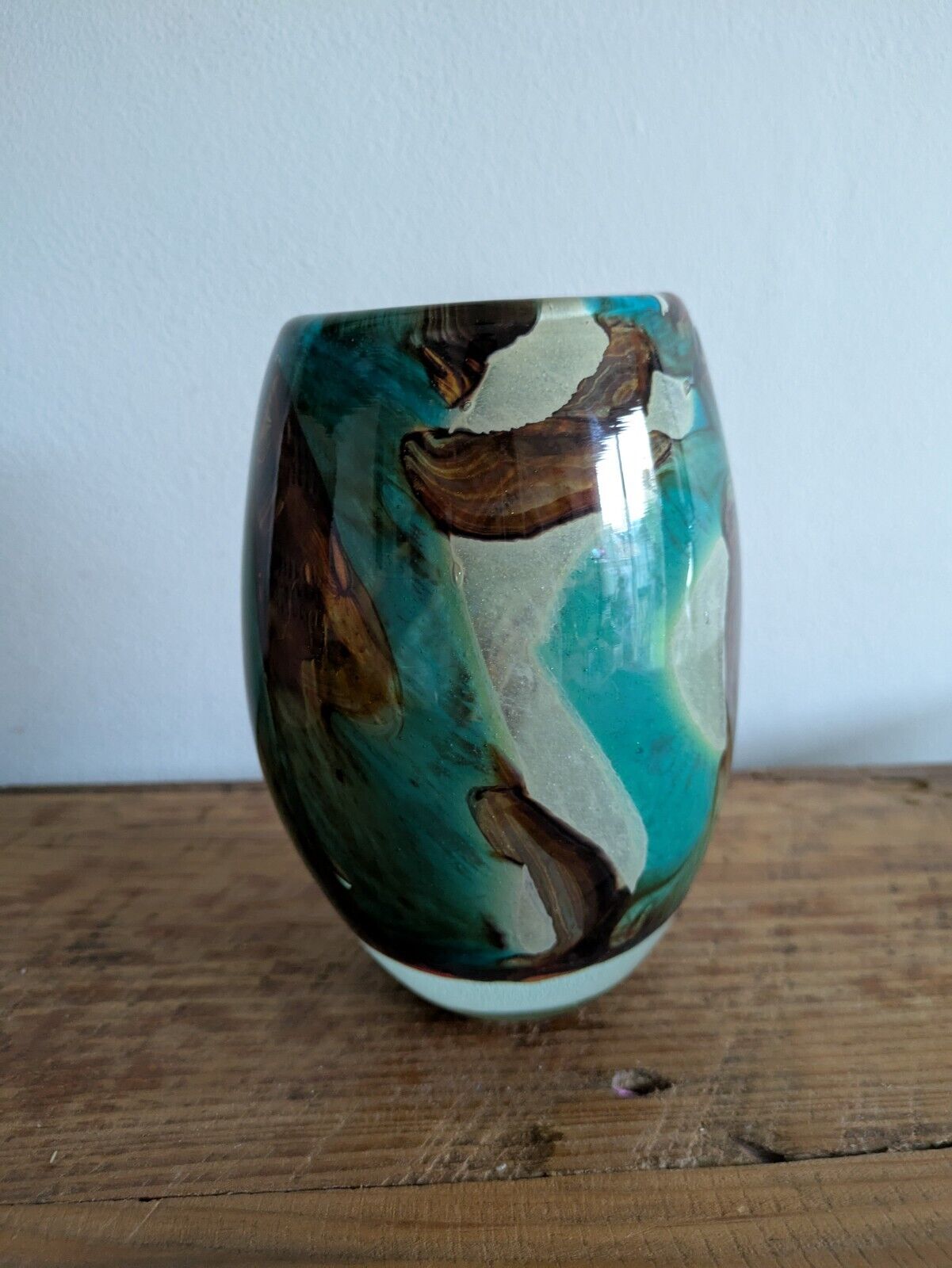 Vintage Mdina Maltese Glass 'Tiger' Pattern Ovoid Vase Art Retro Blue Brown Vgc