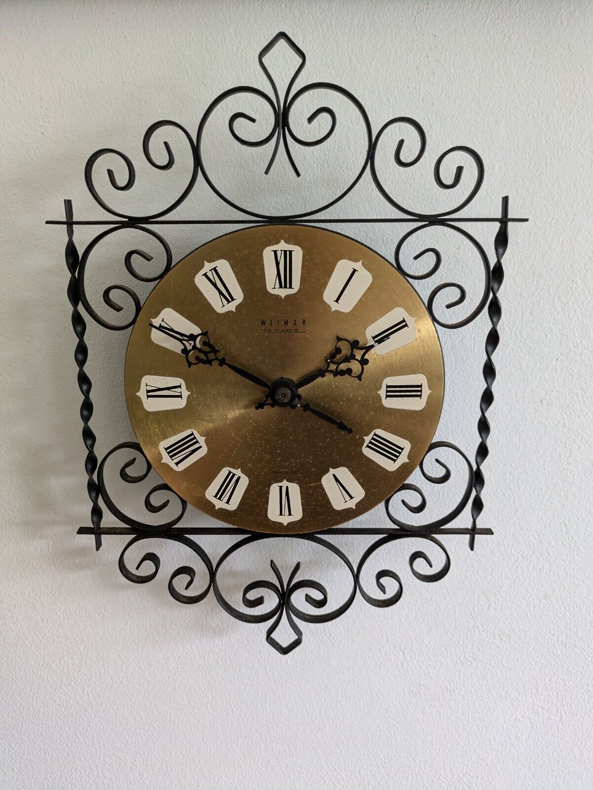 Vintage Weimar Ornate Battery Wall Clock Black Metal Scroll Mid Century MCM 70s