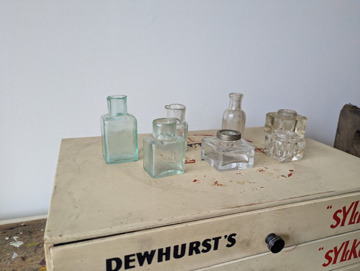 7x Antique Vintage Glass Bottles vase flower original apothecary ink old Bell