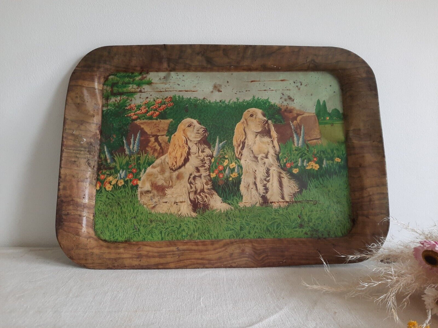 Rare 20s 30s Cocker Spaniel Dog COLOUR TIN LITHOGRAPH Antique Vintage TRAY Serve