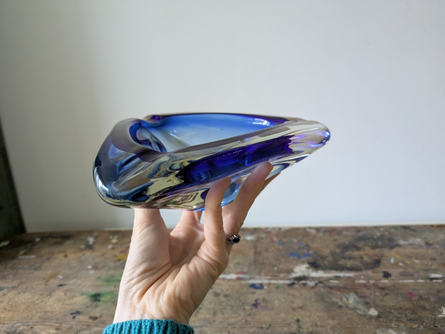 VINTAGE ITALIAN MURANO SOMMERSO ART GLASS DISH MID CENTURY Modern Ash Tray BLUE