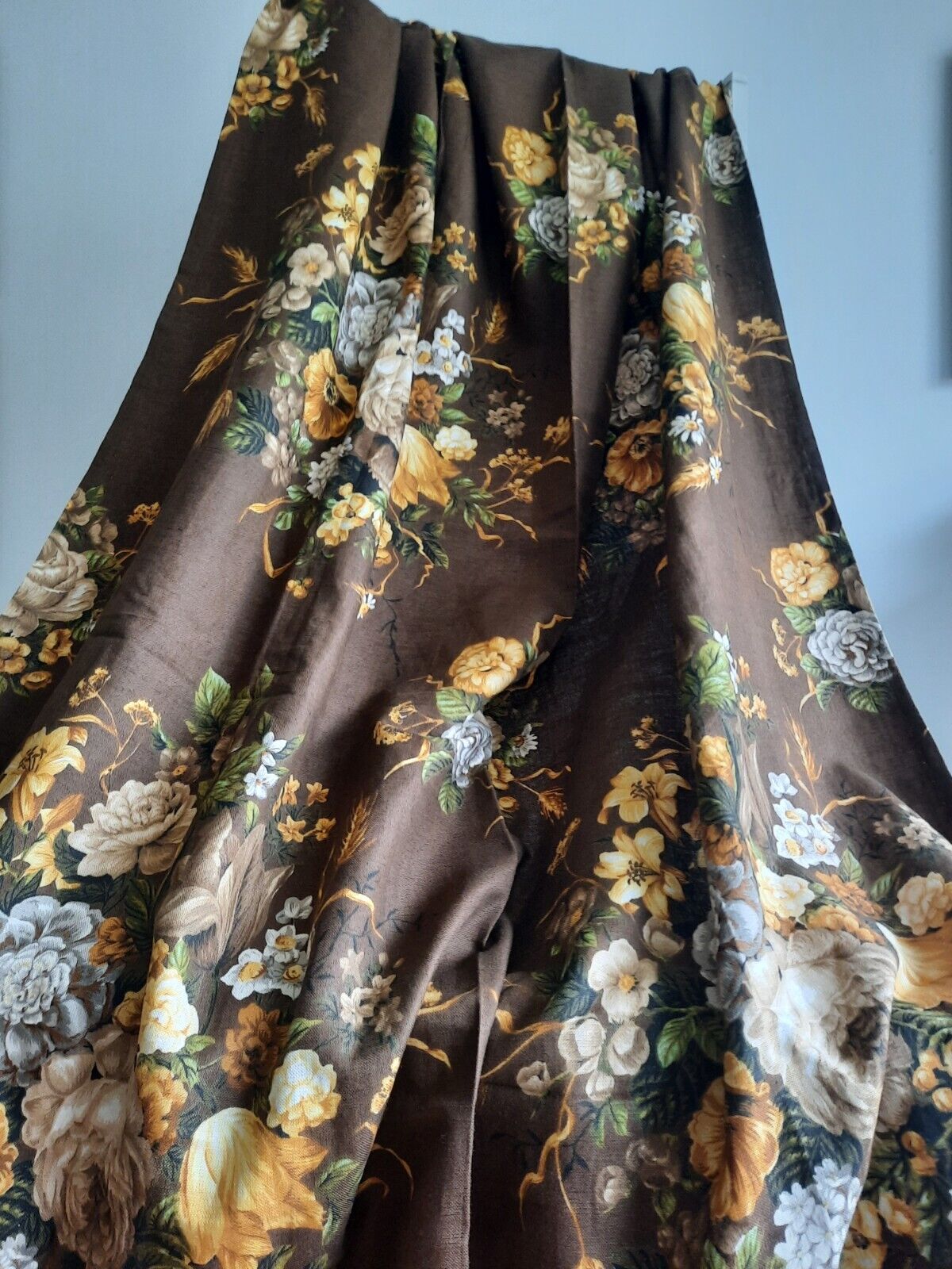 Vtg Moygashell Curtain Brown Fabric Thick 245cmLX 130cmW Retro Rose Floral
