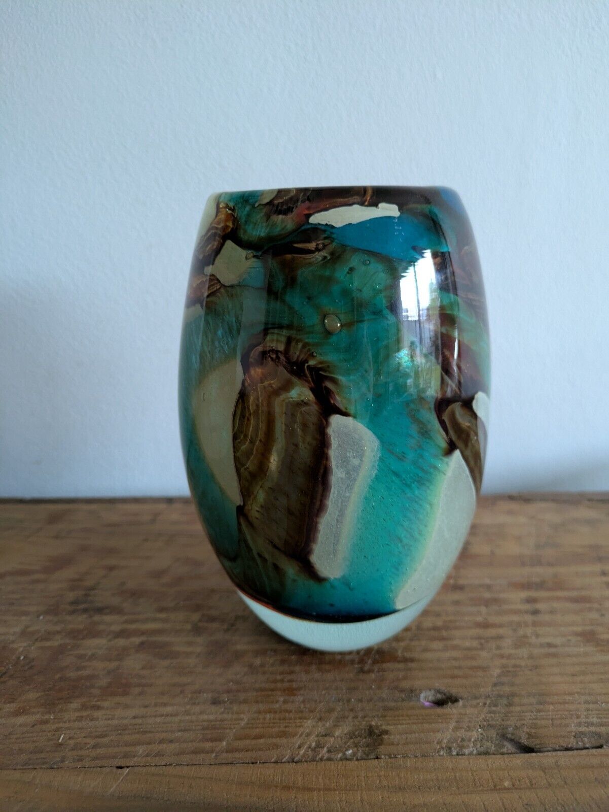 Vintage Mdina Maltese Glass 'Tiger' Pattern Ovoid Vase Art Retro Blue Brown Vgc