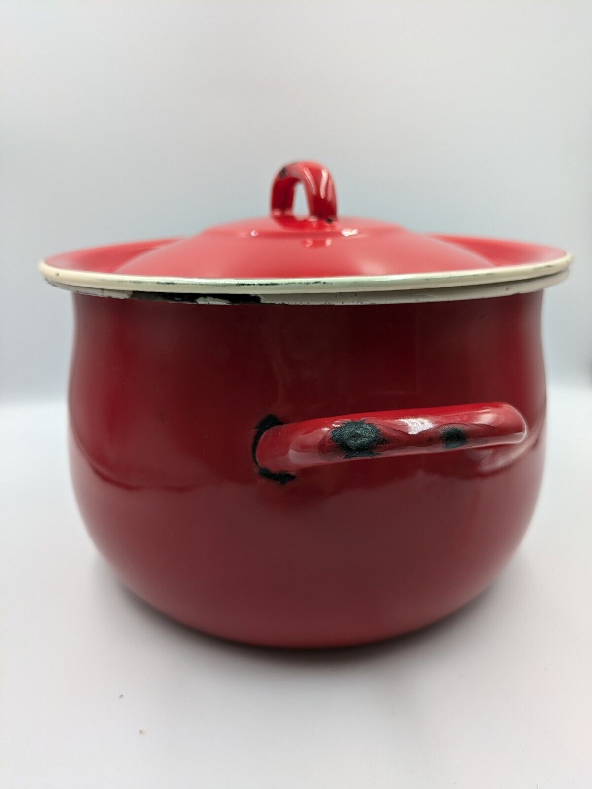 Red Enamel Lrge Cooking Pot Casserole Vtg Retro 1907 Olkusz Poland Prop Kitchen