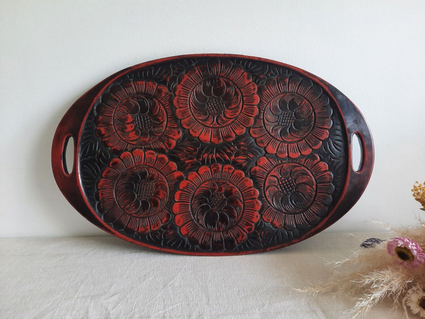 Japanese Obon Tray Lacquer Vintage Kamakura Tradition carve Large Rare Floral