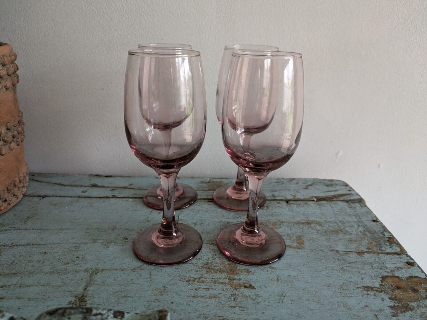Libbey Premiere Pink Set of 4 Water Goblets Stemmed Tulip Wine Glasses Pretty Vg