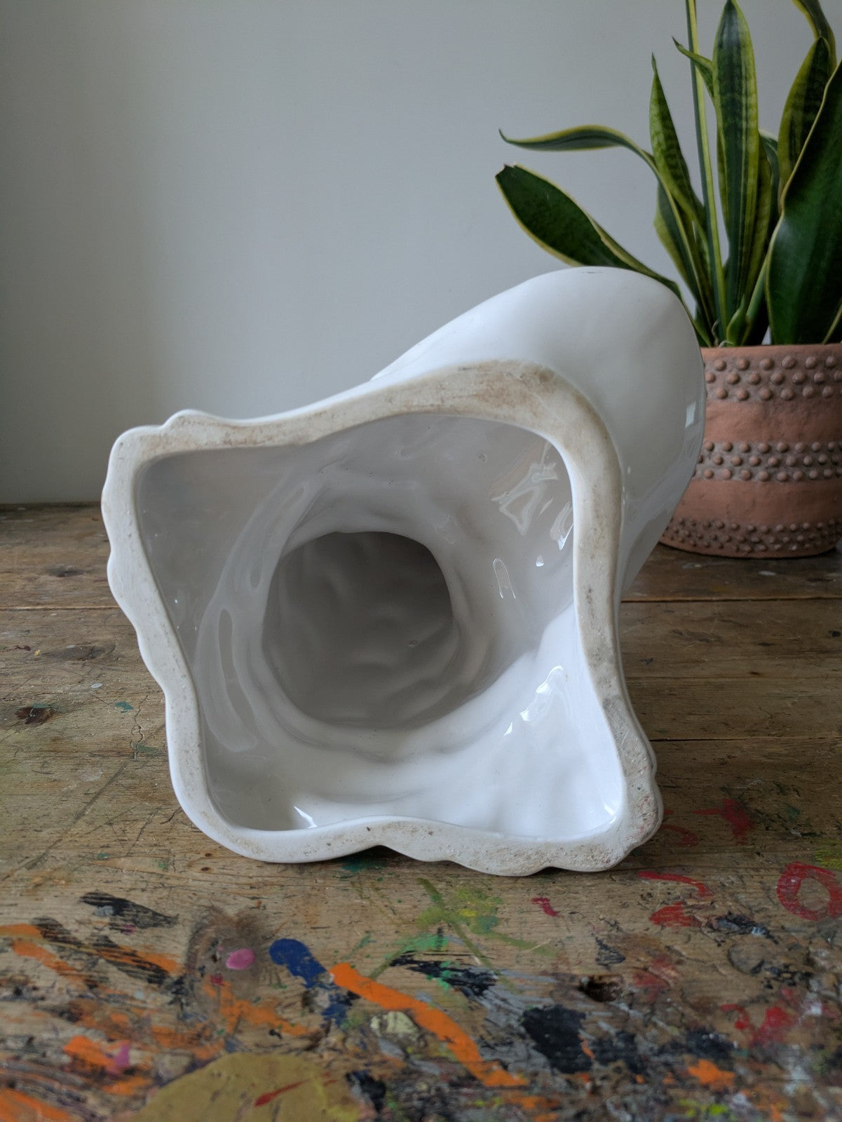 XL DOLPHIN CERAMIC CAPODIMONTE ITALIAN WHITE MID CENTURY VTG PLANT STAND TABLE