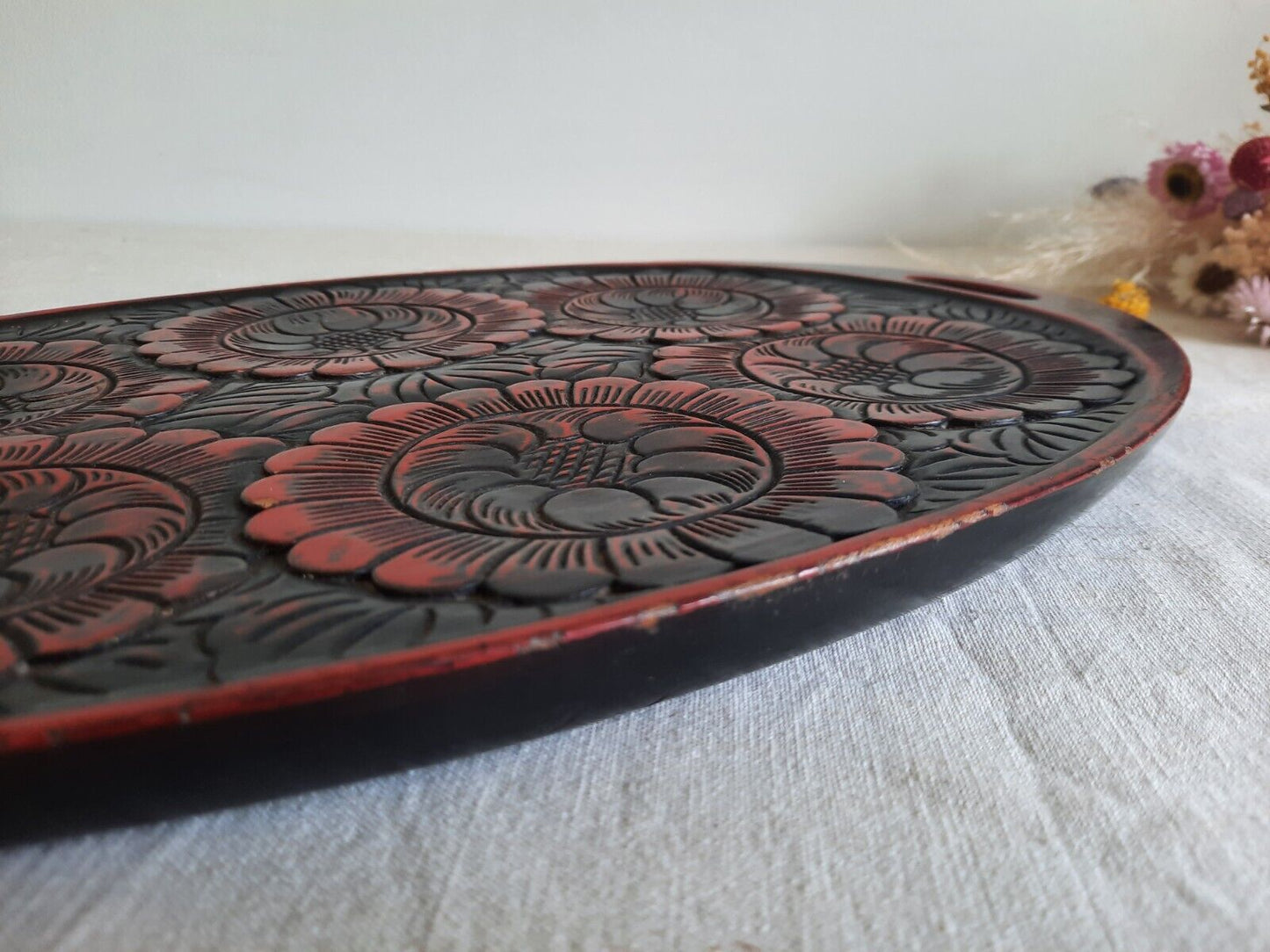Japanese Obon Tray Lacquer Vintage Kamakura Tradition carve Large Rare Floral
