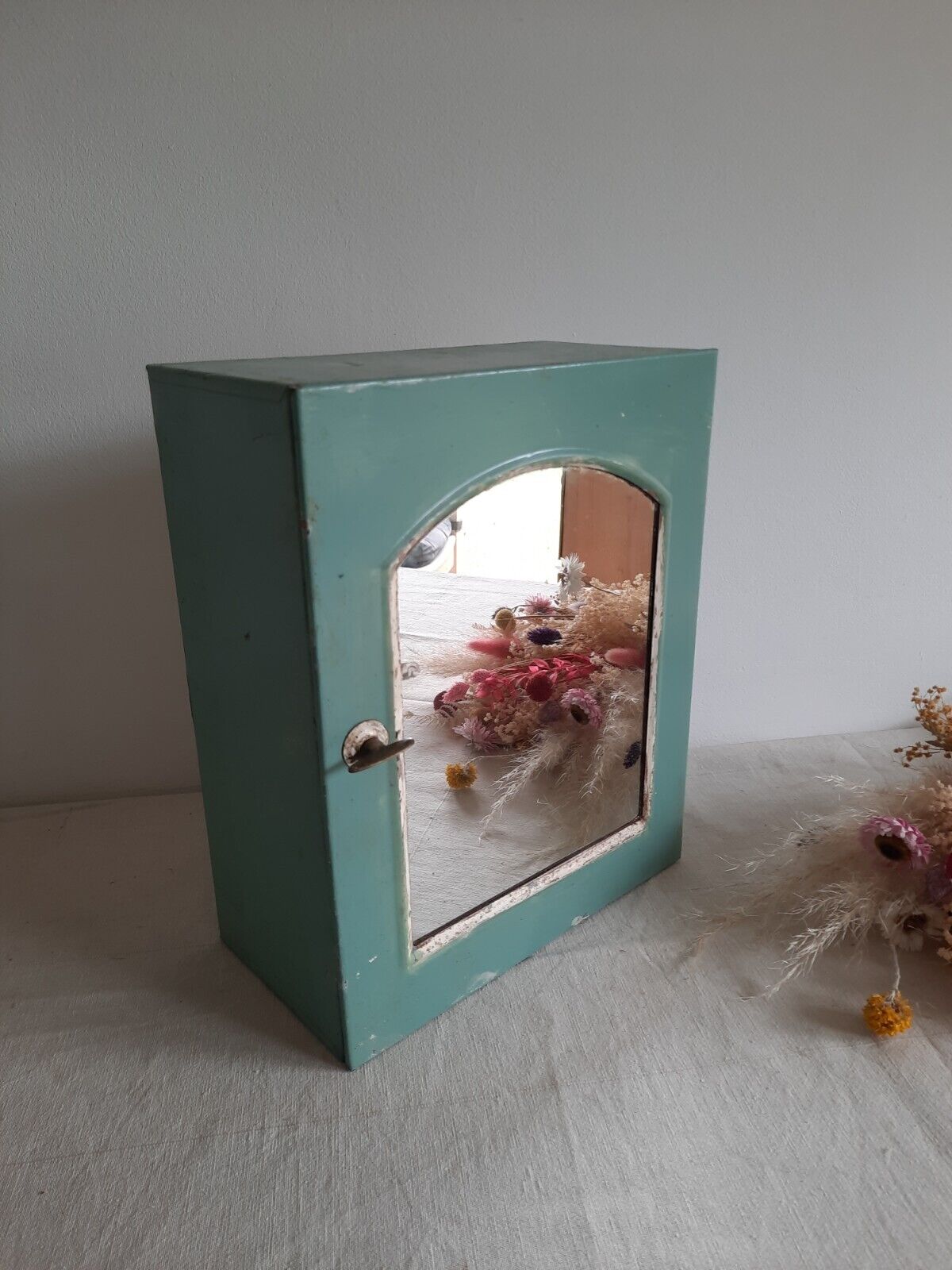 Vintage Mid-century Bathroom metal medical wall cabinet with mirror, Retro Blue