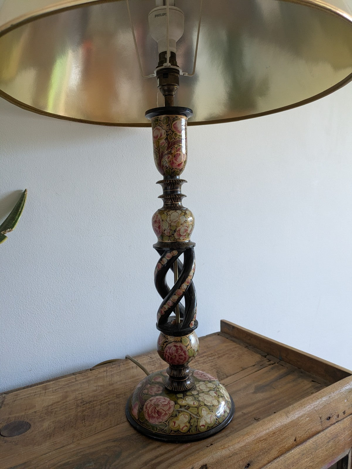 19th C Lamp Vintage Kashmiri Indian Lacquer Papier Mache Gilded Flower Cloisonne