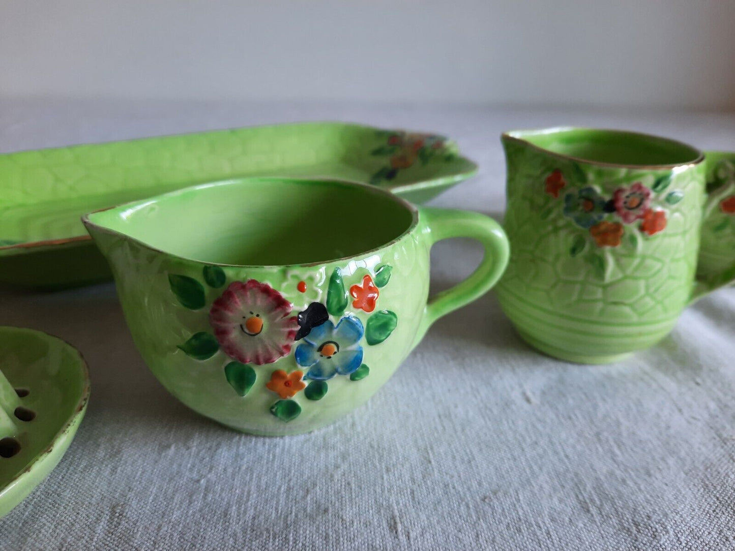 CROWN DEVON ART DECO FIELDINGS GARDEN PATH 1930s VTG JUG DISH BOWL SET JUICER