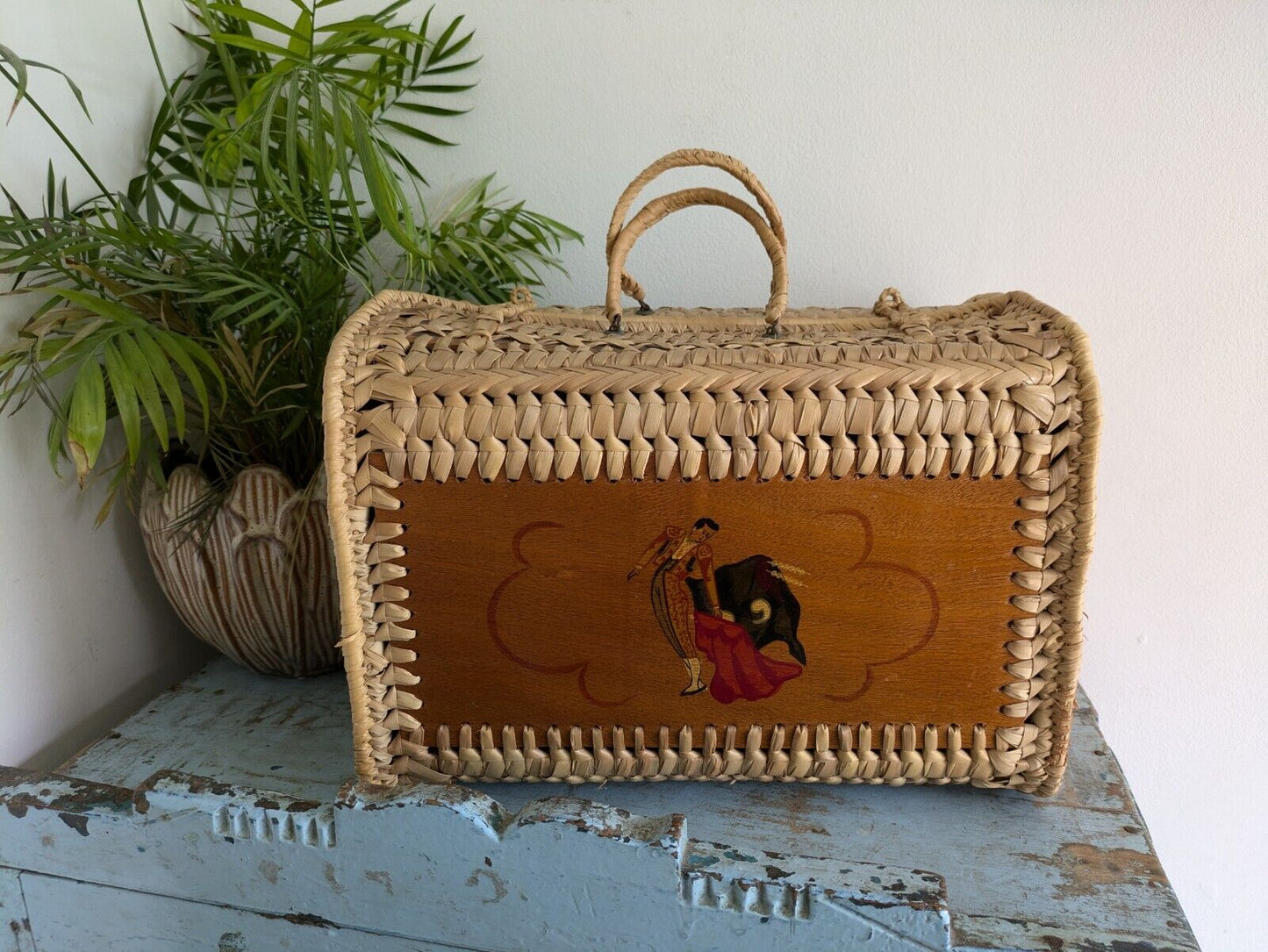 Vintage 1960s Spanish Tote Bag mid Century Wicker and Wood Hand Painted Floral