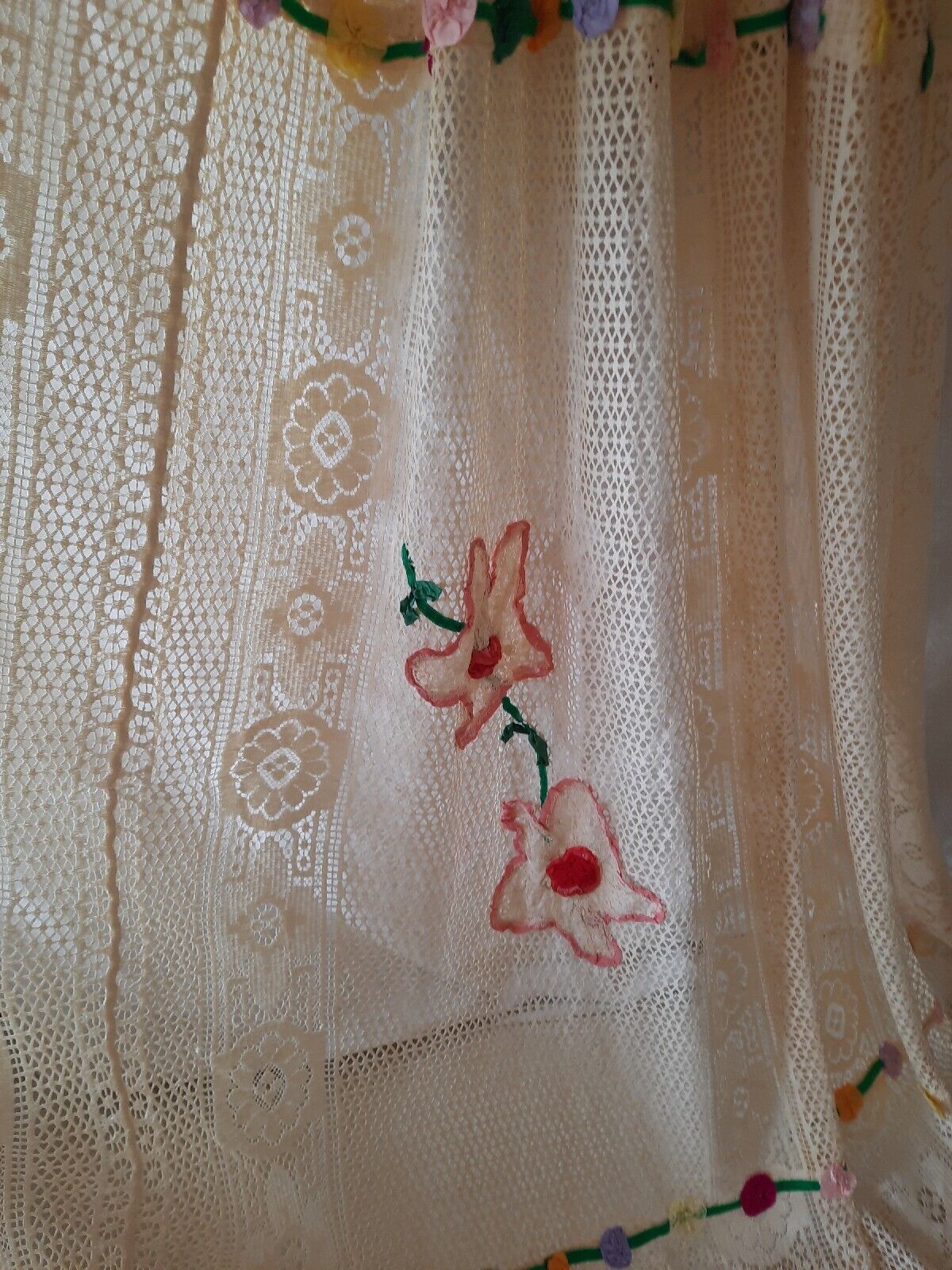 XL Vtg Crochet Embroidered Flowers Ribbon Work Lace Trim Tablecloth Boho Rare
