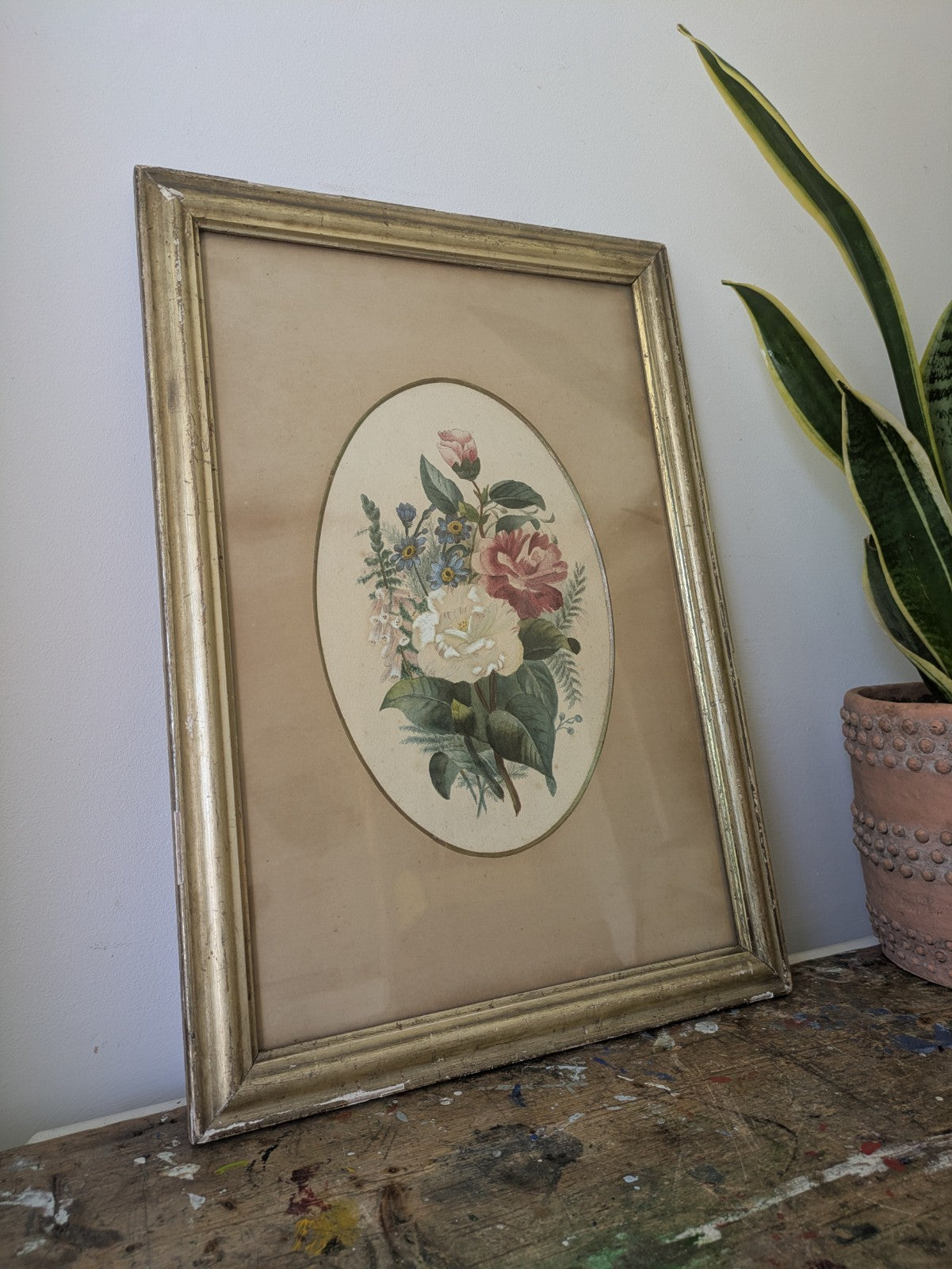 Original Antique Watercolour Painting Oval Floral Rose Bouquet Flower Still Life