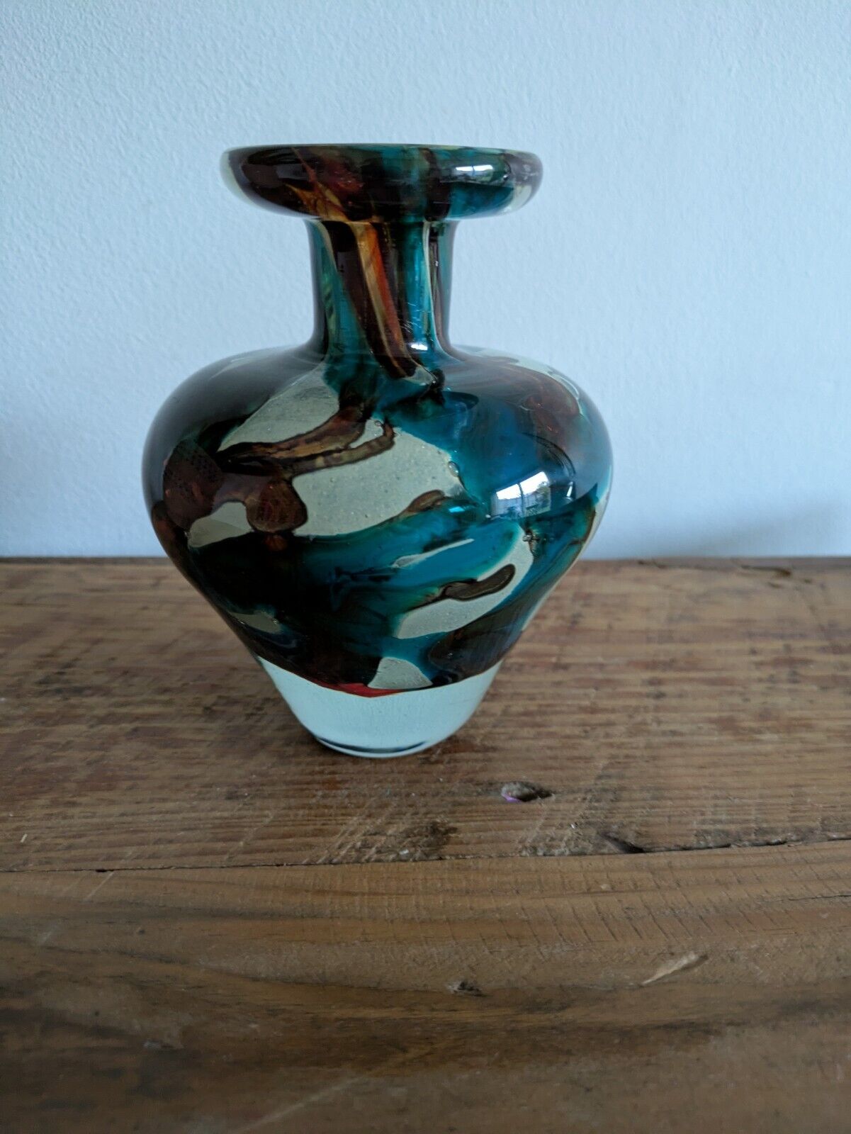 Vintage Mdina Maltese Glass 'Tiger' Pattern Vase Studio Art Retro Blue Brown Vgc