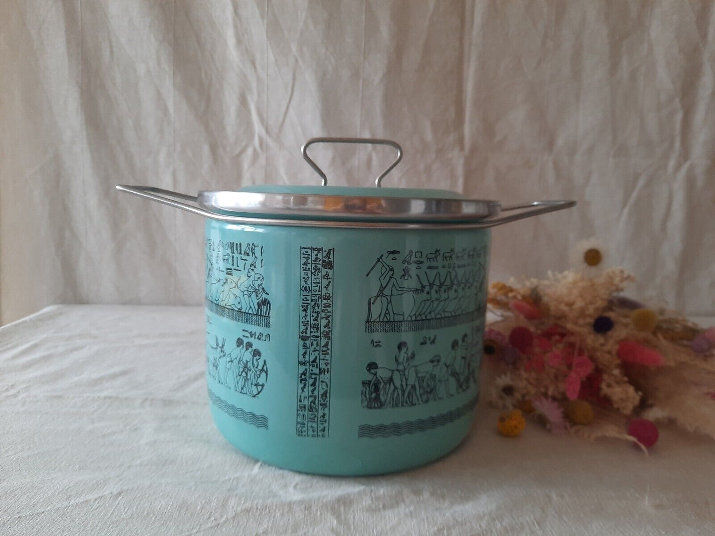 XL Pot in Metal Enamelled Turquoise Duck Egg Siltal Egyptian Design Vtg Retro MC