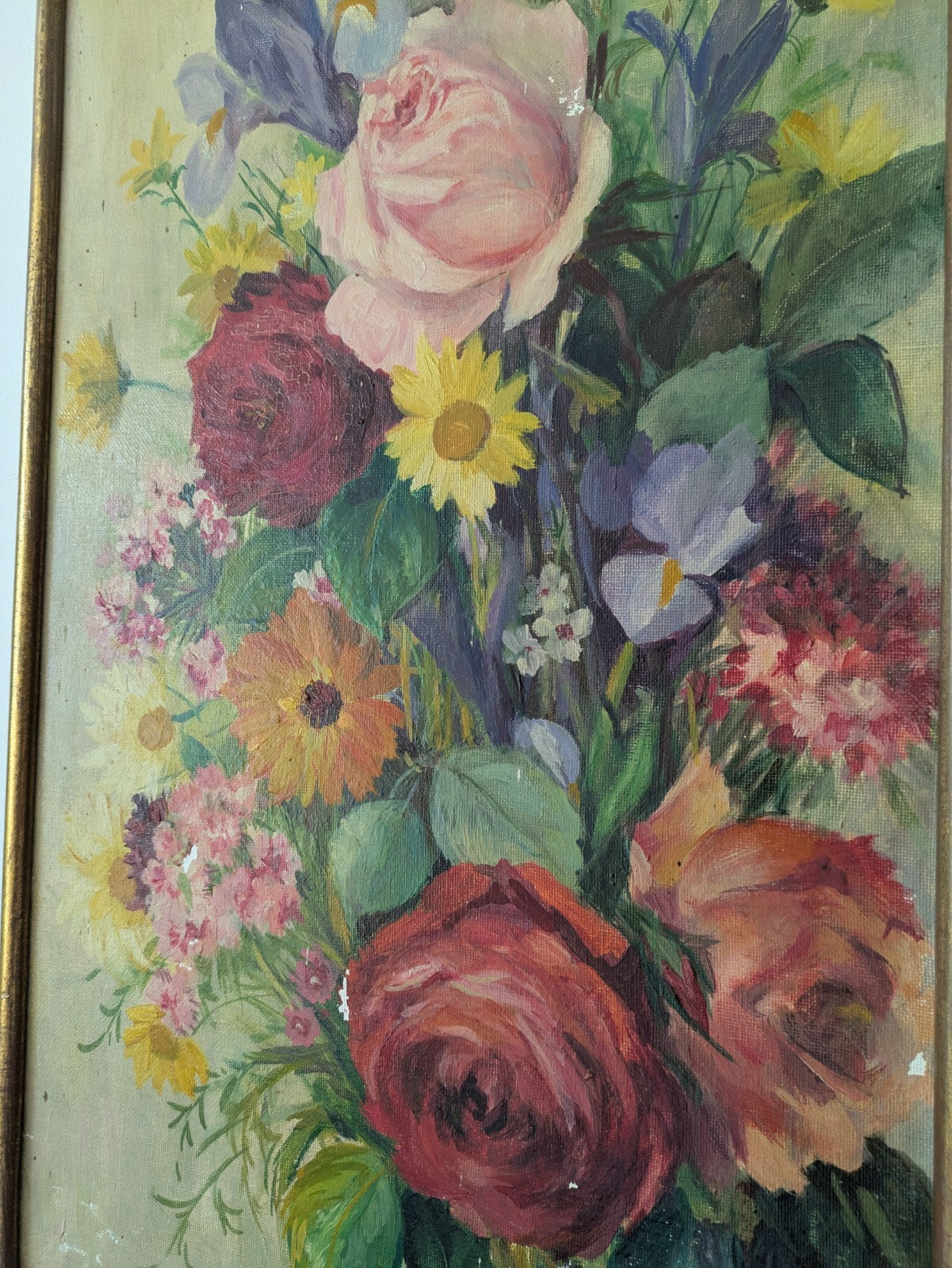 Antique Oil Painting Floral Bouquet Picture framed vintage Still Life On Canvas