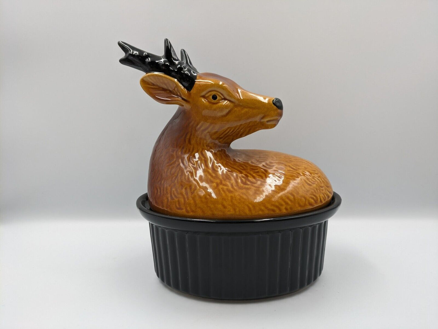 Vtg Majolica French Terrine Tureen Lid Pate Dish Ceramic Deer Game Stag Rare