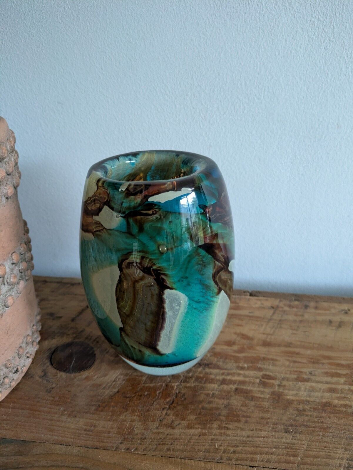 Vintage Mdina Maltese Glass 'Tiger' Pattern Ovoid Vase Art Retro Blue Brown Vgc
