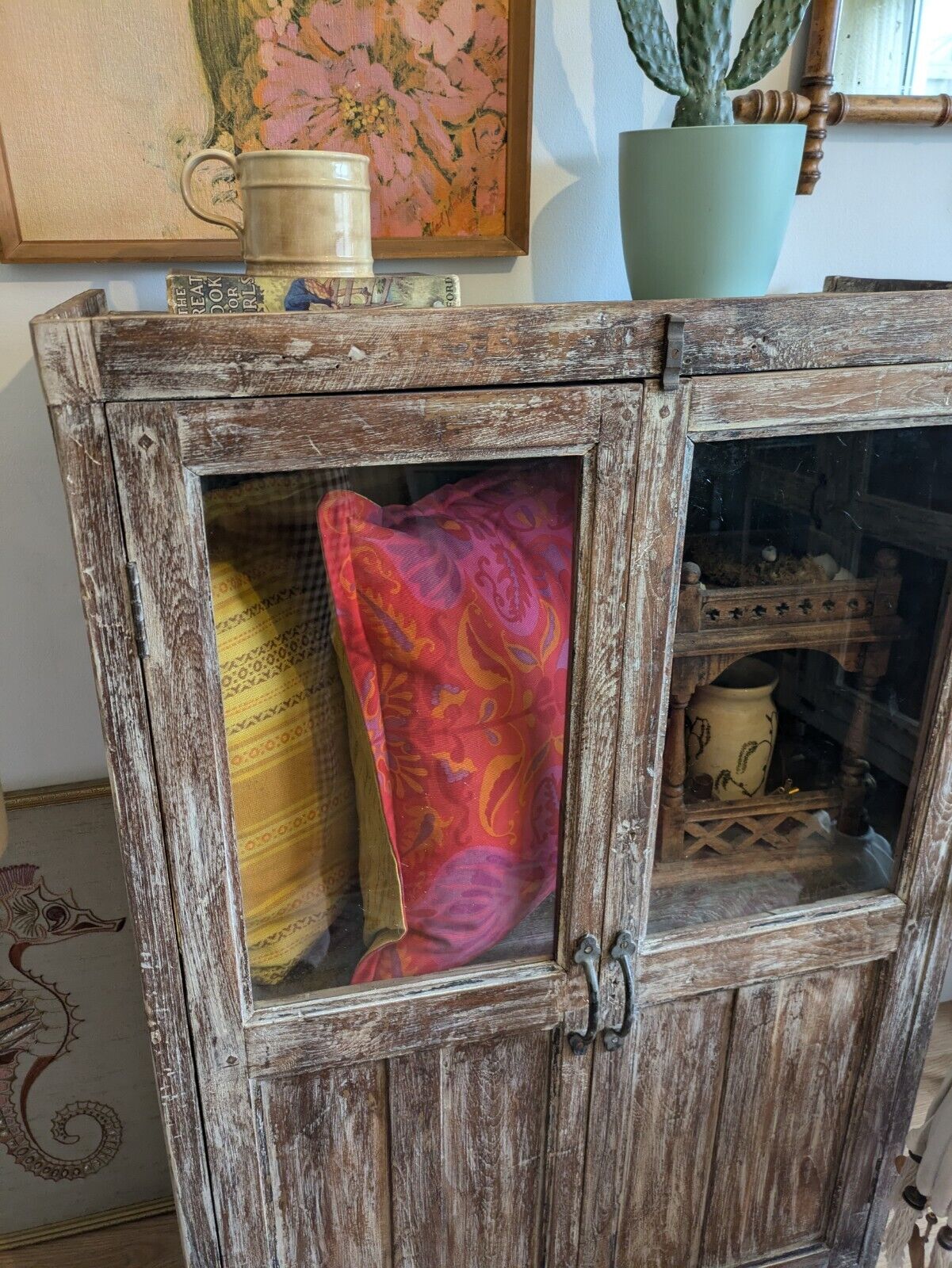 Restored Antique VTG Wood Indian Cabinet Cupboard Paint Glazed Reclaimed Rustic