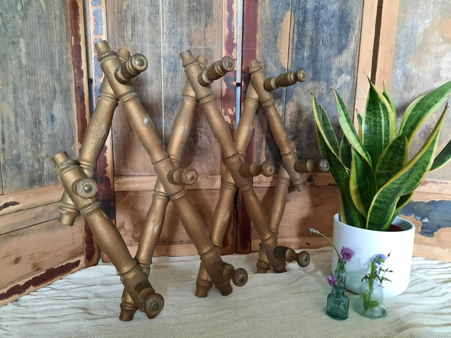 Vintage Wooden Folding Wall Hooks coat Rack Faux bamboo boho French Antique old
