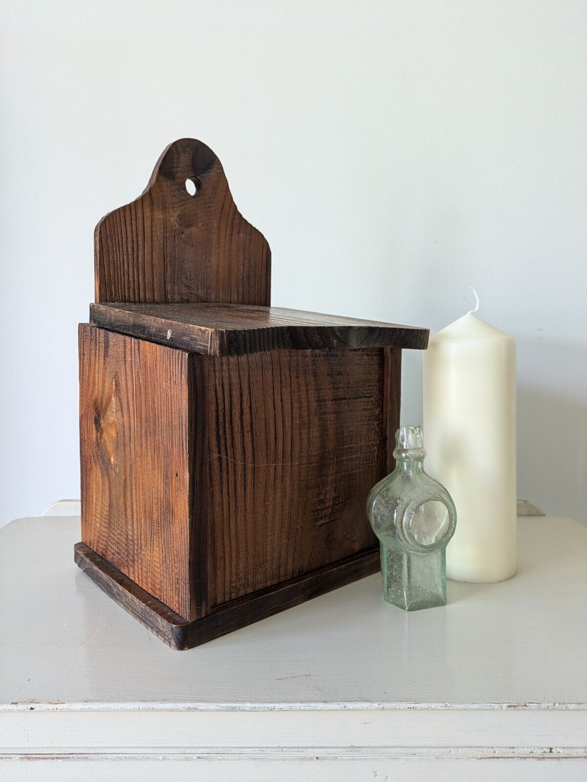 Antique Vintage Pine Candle Salt Box wall sconce keys Gothic original old shelf.