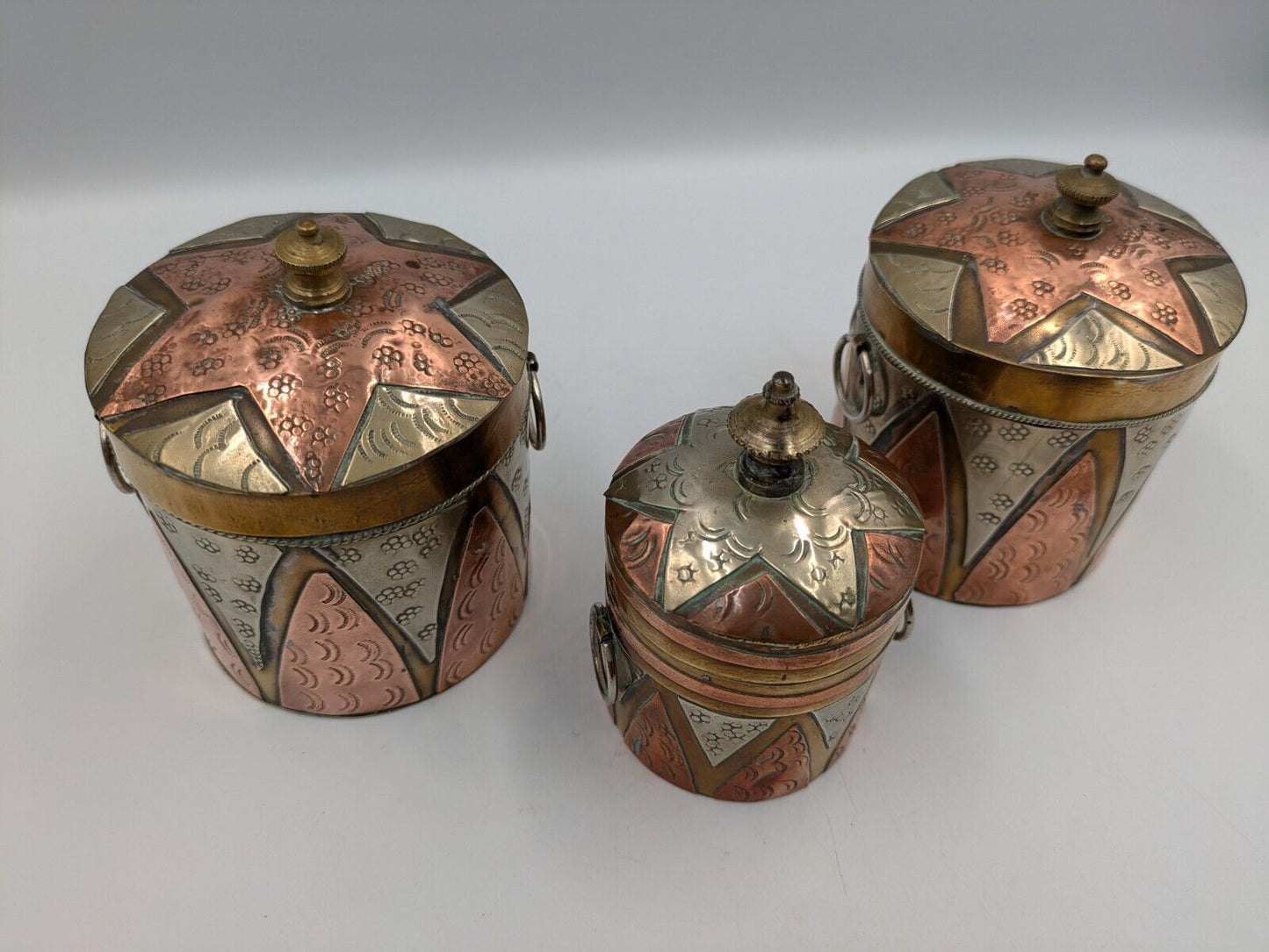 SET OF 3 VTG ISLAMIC PERSIAN COPPER BRASS MIXED METALS SNUFF HANGING BOX GIFT