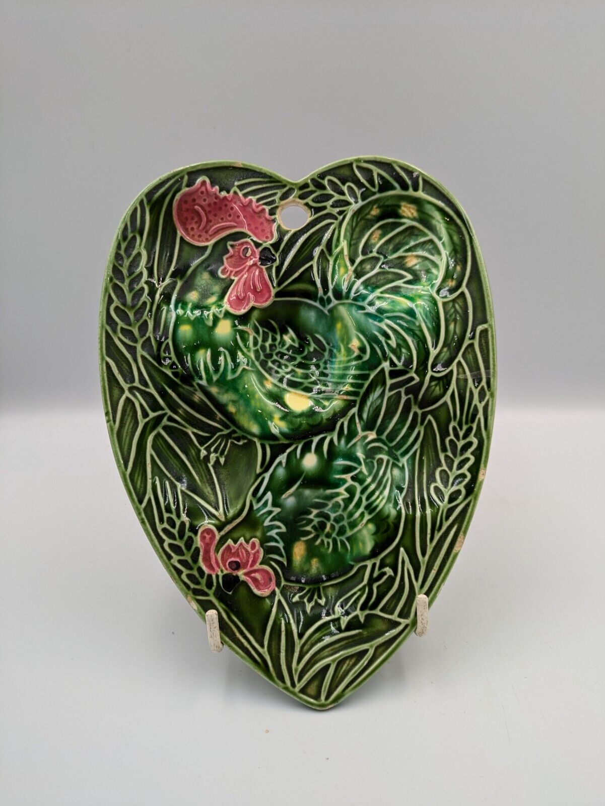 Vintage Chicken Deviled Egg Tray Green Ceramic Dish Plate Hen Heart Leaf Rare