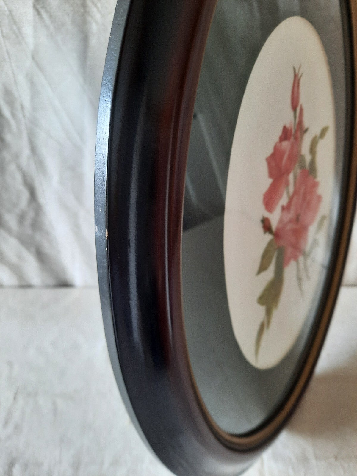 Vintage original oil Pastel painting Oval frame bouquet botanical old Red Rose