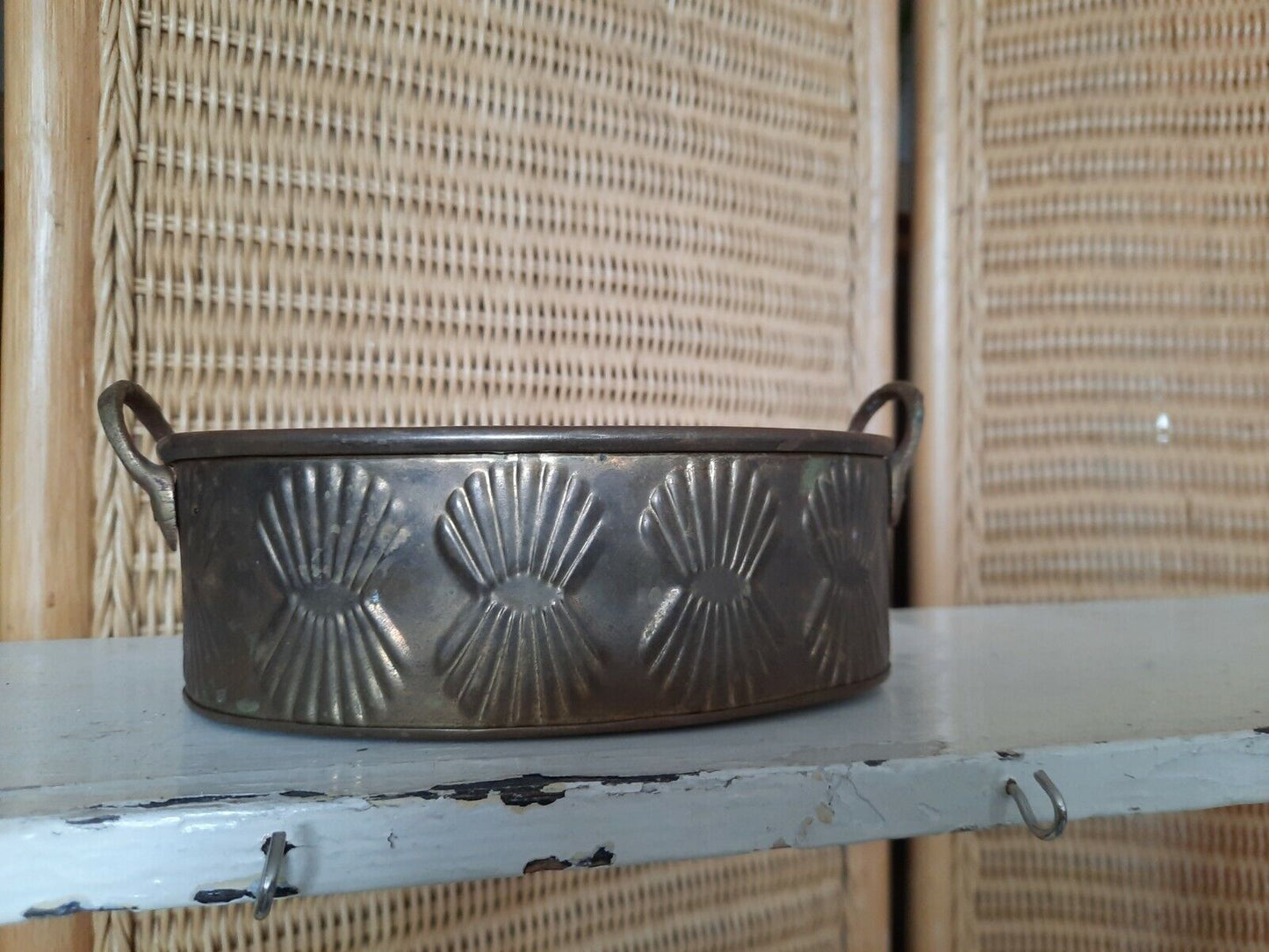 Vintage Oval Copper Planter Plant Pot Holder Deco shell dish two handles rare