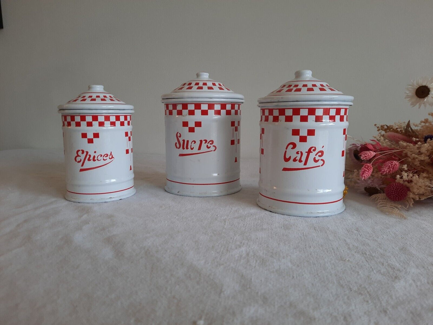 Vintage French Enamel Canisters Set-Red White Check Tins Jars Antique 20s 30s
