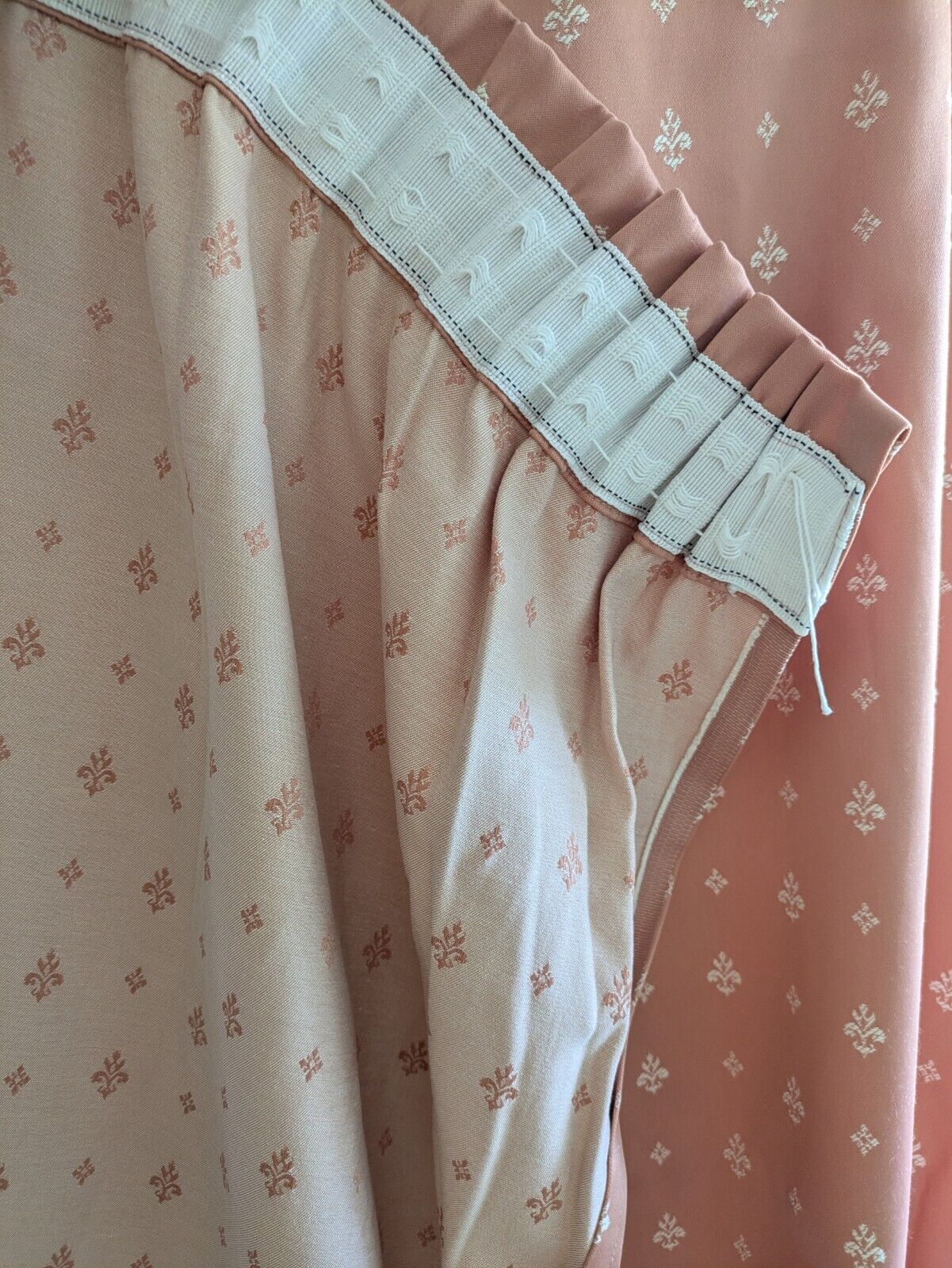 Pair Vintage Pink 80s Shabby Chic Salmon Fleur De Lys Curtains VTG Style Pretty