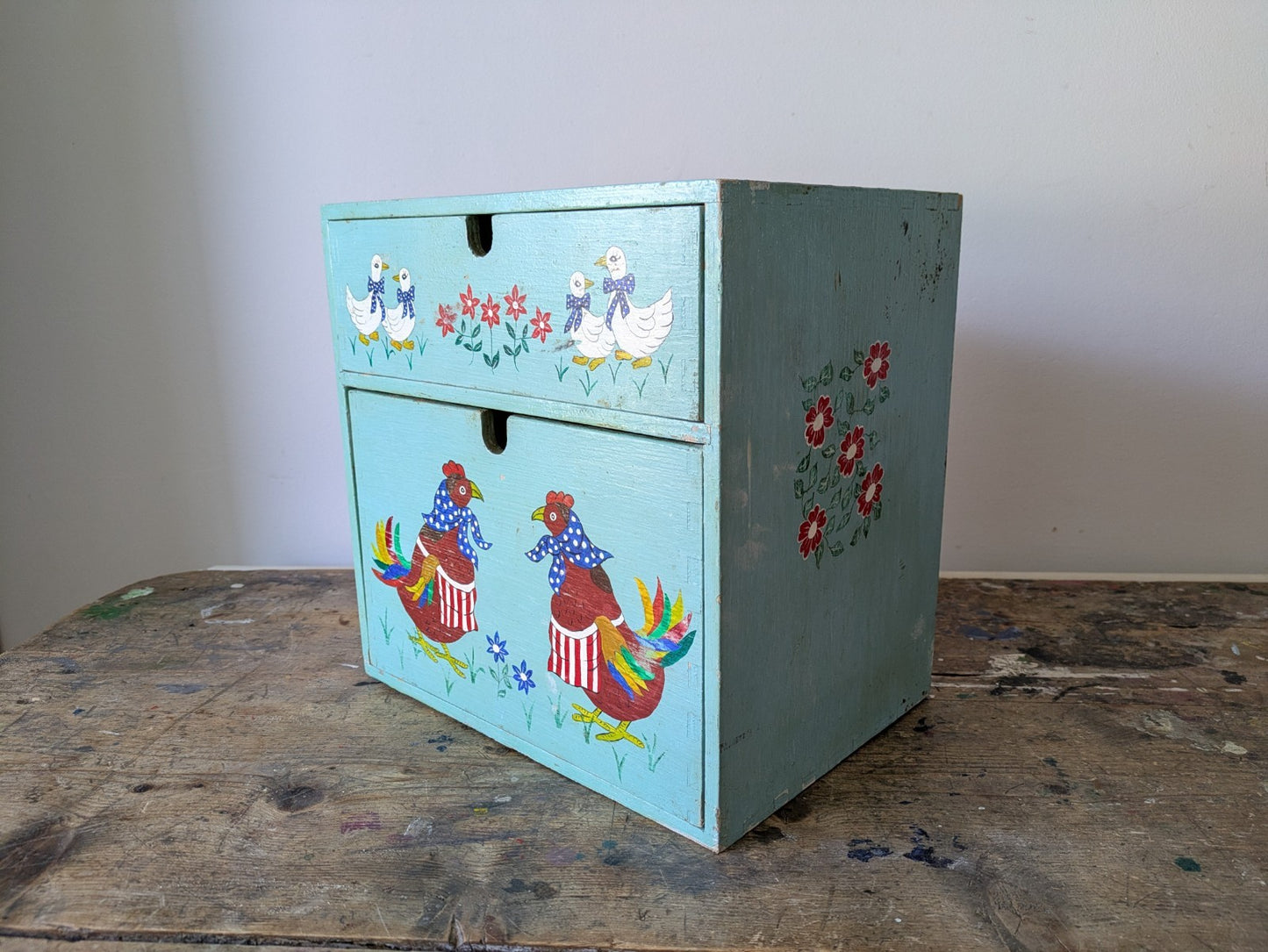 Folk Art Chicken CHEST of DRAWERS BOX KITCHEN Storage Wood Jewellery Vtg Floral