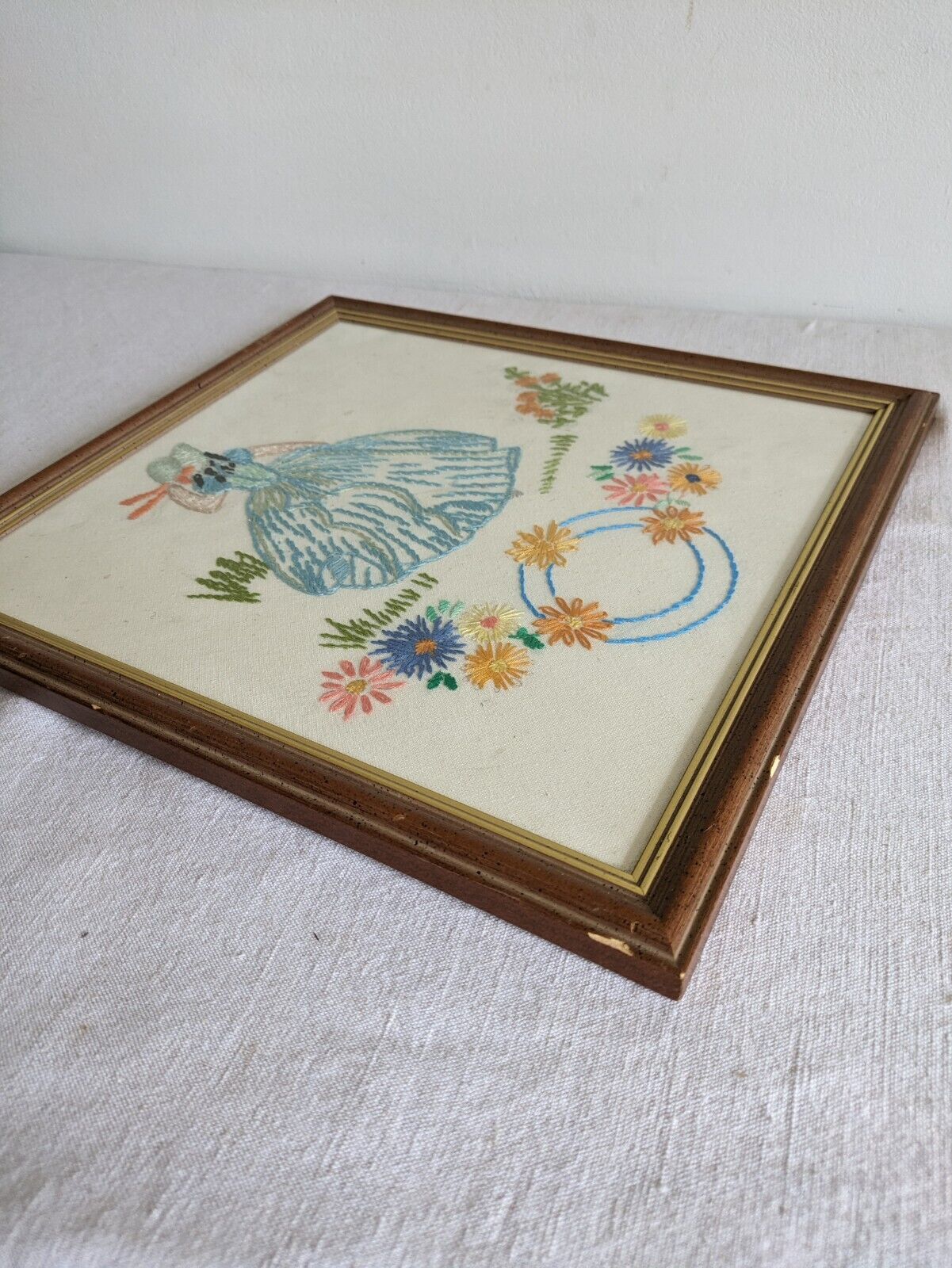 vintage framed picture embroidery crinoline Lady Antique Frame Gilt 30s 40s Vgc
