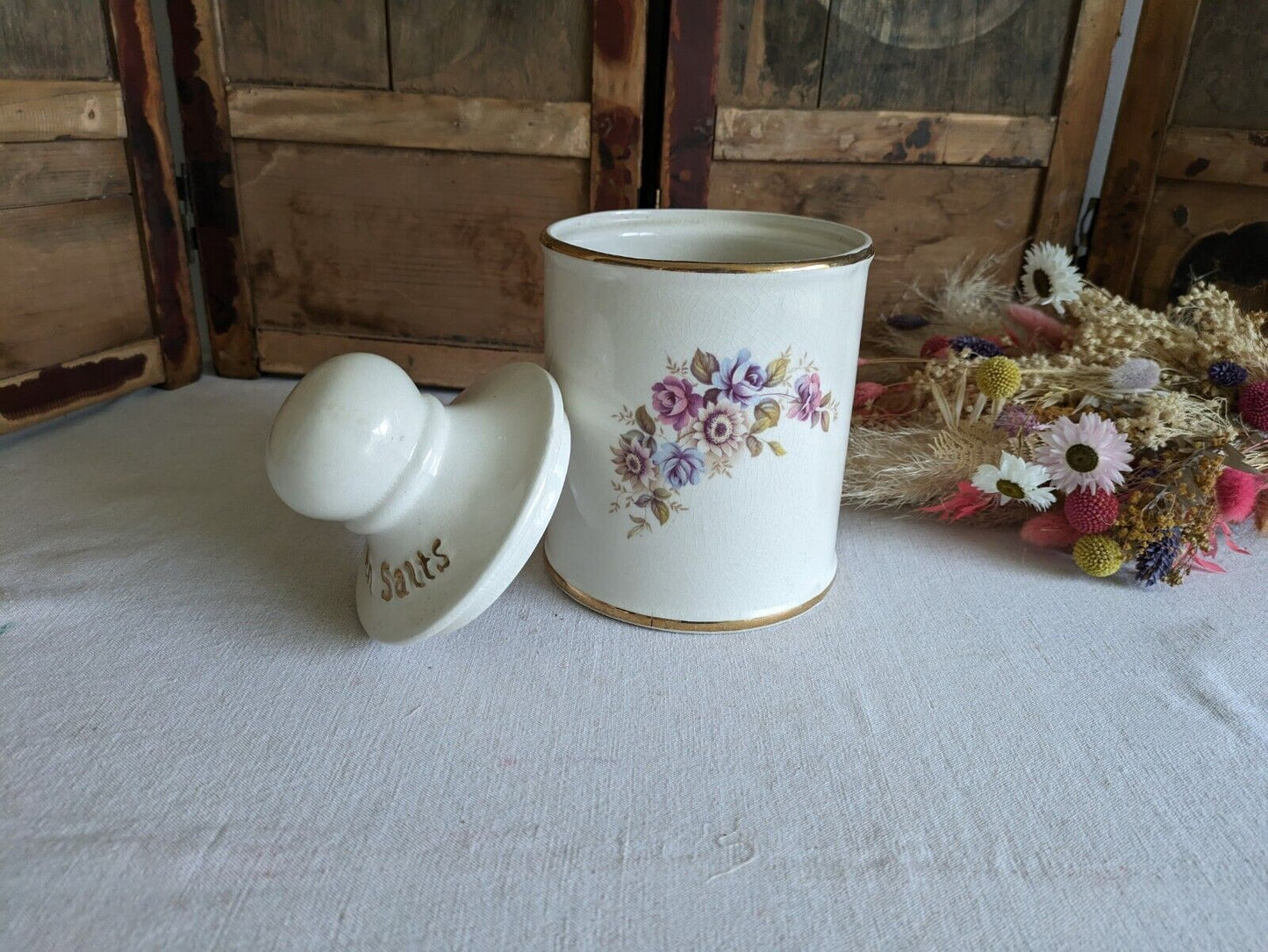 LARGE VINTAGE CERAMIC LID POT BATH SALTS PRICE KENSINGTON FLORAL JAR CONTAINER