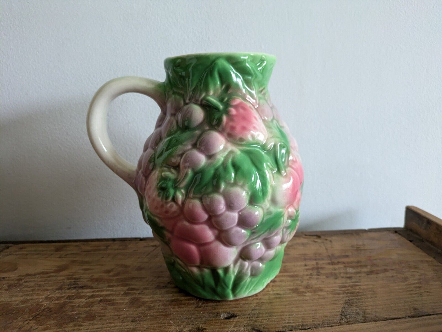 Large Vintage Salins Les Bains-style Barbotine Majolica Fruit Pattern Jug 19cm