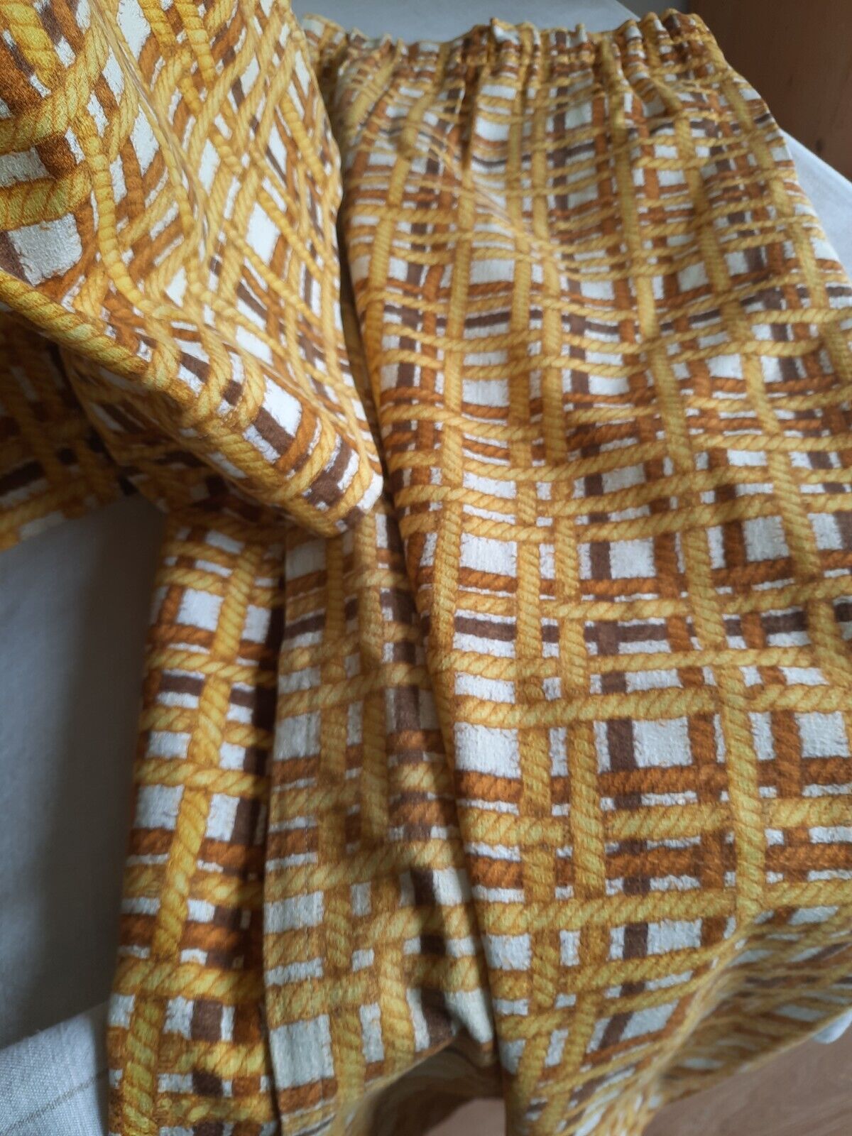 Pair of barkcloth Curtains Rope rare retro vintage braided trompe-l’oeil Rare