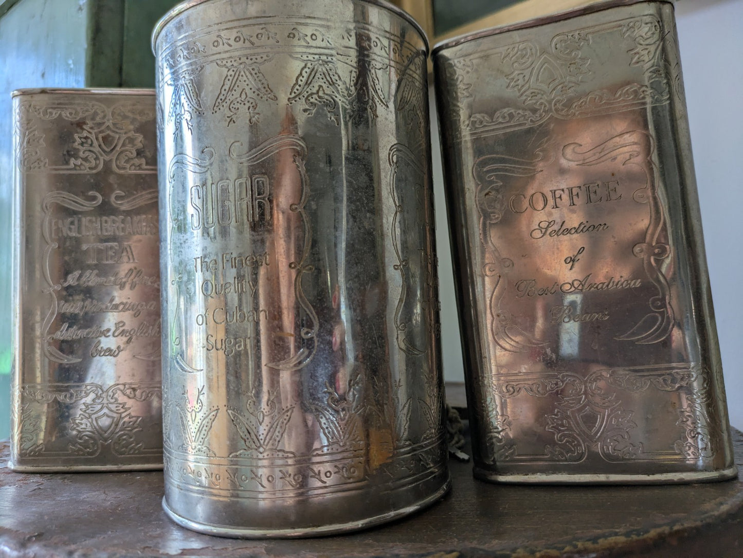 Vintage Canister Set Finest Quality Cuban Sugar, Coffee, Fine Teas Silver Metal